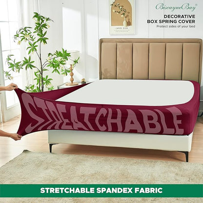 Biscaynebay Decorative Box Spring Cover Queen Size, Burgundy Luxurious Jersey Knitting Stretchy Wrap Around 4 Sides Bed Skirt for Home/Hotels, Easy Fit Wrinkle & Fade Free Machine Washable