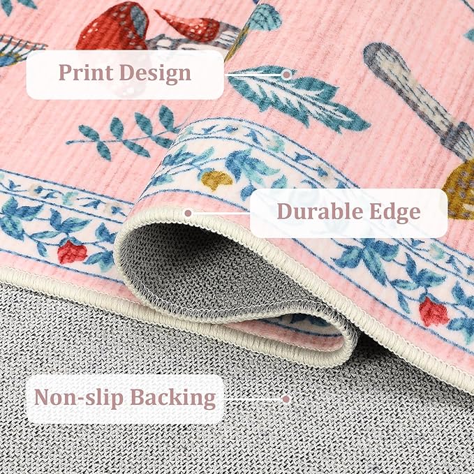Mushroom Insect Washable Rug 5x7 Area Rugs for Bedroom Non Slip with Rubber Back Low Pile Stain Resistant Butterfly Carpet for Living Room Nursery Kitchen Dining Room Khaki Pink