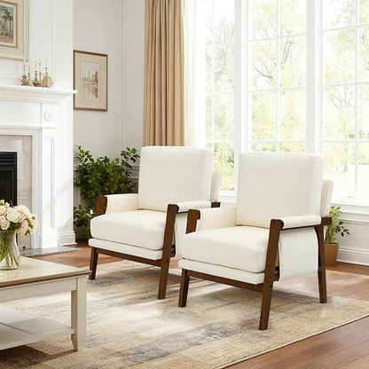 Cream Accent Chair for Bedroom & Living Room, Mid Century Modern Accent Arm Chair, Upholstered Anthropologie Accent Chair with Solid Wood Frame, Fabric