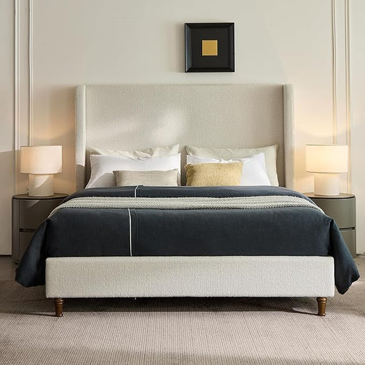 Queen Size Upholstered Bed Frame, 54" Tall Headboard Curved Wingback Platform Bed Frame/Elegant Boucle Bed Frame for Bedroom/ Wood Slats Support/No Box Spring Needed/Easy Assembly/Cream White Boucle