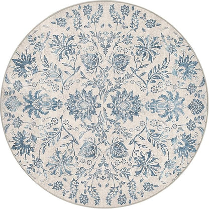 jinchan Torino Classic Floral Round Rug 5ft, Vintage-Inspired Design 5’Circle Rug, Machine Washable Ultra-Thin Low-Pile Non-Slip Indoor Carpet for Bedroom Dining Room Living Room Entryway, Dark Blue