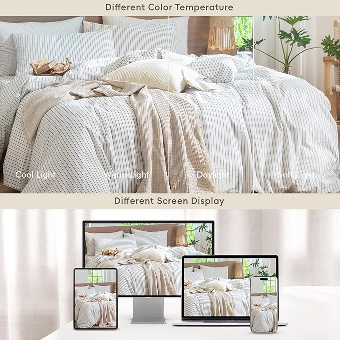 MooMee Striped Duvet Cover Set 100% Washed Cotton Linen Like Textured Breathable Durable Soft Comfy (White Heathered Green Wide Stripes, Palatial King/Oversized King 120"x98")