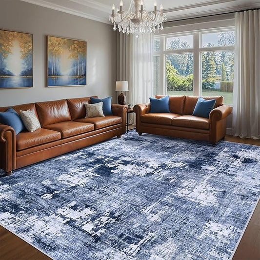Area Rug Living Room Rugs - 9x12 Washable Large Soft Indoor Neutral Modern Abstract Low Pile Rug Carpet for Bedroom Dining Room Farmhouse Home Office - Navy Blue