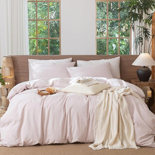 MooMee Striped Duvet Cover Set 100% Washed Cotton Linen Like Textured Breathable Durable Soft Comfy (Heathered Greyish Pink White Wide Stripes, Palatial King/Oversized King 120"x98")