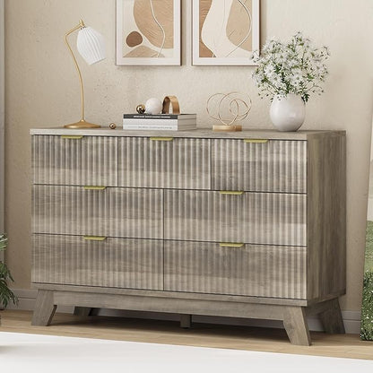 Fluted Dresser for Bedroom with 7 Drawers, 48" Wide Modern Chest of Drawers with Metal Handle, Wood Dresser TV Stand, Wooden Closet Clothes Storage Organizer for Living Room, Hallway, Grey