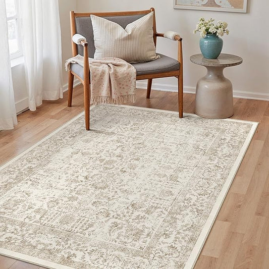 Light Brown Area Rug 3x4 Office Entryway Rug Machine Washable Kitchen Vintage Distressed Non Slip Carpet Indoor Retro Floral Accent Throw Door Mat for Bathroom Bedroom Dining Living Room