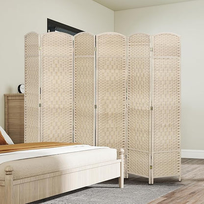 HOMCOM 6 Panel Room Divider, 6' Tall Folding Privacy Screen, Hand-Woven Freestanding Wall Partition for Home Office, Bedroom, Washed Oak