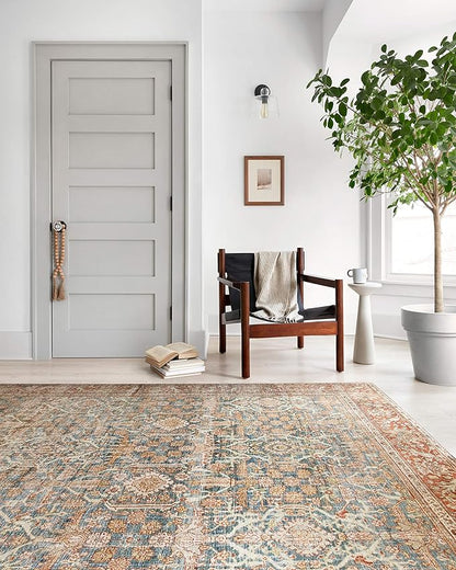 Loloi Layla Collection LAY-04 Ocean/Rust 2'-0" x 5'-0" .13" Thick Accent Rug, Soft, Durable, Vintage Inspired, Distressed, Low Pile, Non-Shedding, Easy Clean, Printed, Living Room Rug