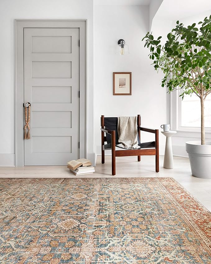 Loloi Layla Collection LAY-04 Ocean/Rust 3'-6" x 5'-6" .13" Thick Accent Rug, Soft, Durable, Vintage Inspired, Distressed, Low Pile, Non-Shedding, Easy Clean, Printed, Living Room Rug