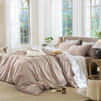 MooMee Gingham Duvet Cover Set 100% Washed Cotton Linen Like Textured Breathable Durable Soft Comfy Modern Checkered Design (Dark Orange Gingham, Super King 108"x98")