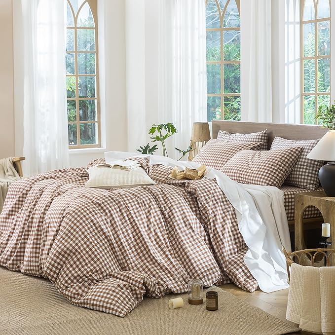 MooMee Gingham Duvet Cover Set 100% Washed Cotton Linen Like Textured Breathable Durable Soft Comfy Modern Checkered Design (Dark Orange Gingham, Super Queen 90"x98")