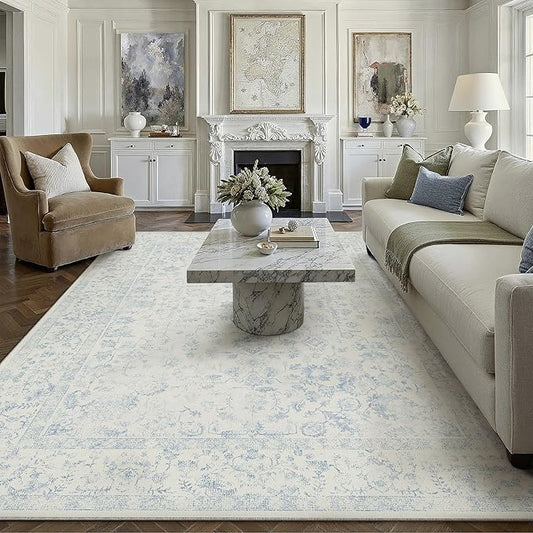8x10 Blue Area Rug Non Slip Large Vintage Living Room Distressed Machine Washable Carpet Traditional Indoor Bedroom Blue Retro Floral Accent Throw Rug for Office Kitchen Dorm Dining Room