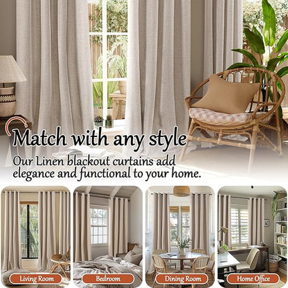 60 Inch Wide Linen Blackout Curtains for Bedroom 63 Inch Length 2 Panels, Total Black Out Thermal Insulated Energy Efficiency Grommet Boho Window Drapes White Liner for Modern Farmhouse, Beige