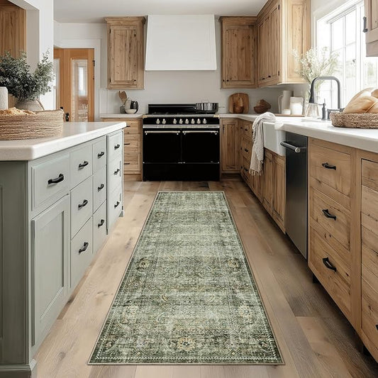FMFUNCTEX 2x6 Runner Rug Green Vintage Neutral Washable Distressed Non Slip Low Pile Indoor Carpet Soft Retro Hallway Entryway Rug for Kitchen Living Room Bedroom Bathroom Laundry Entrance Bedside