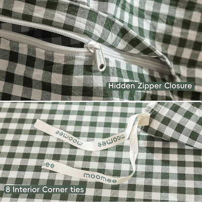 MooMee Gingham Duvet Cover Set 100% Washed Cotton Linen Like Textured Breathable Durable Soft Comfy Modern Checkered Design (Mini Gingham Forest Green, Palatial King/Oversized King 120"x98")