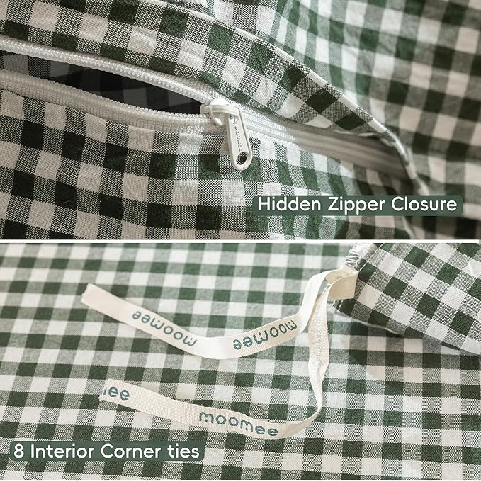 MooMee Gingham Duvet Cover Set 100% Washed Cotton Linen Like Textured Breathable Durable Soft Comfy Modern Checkered Design (Mini Gingham Forest Green, Oversized Full 82"x86")