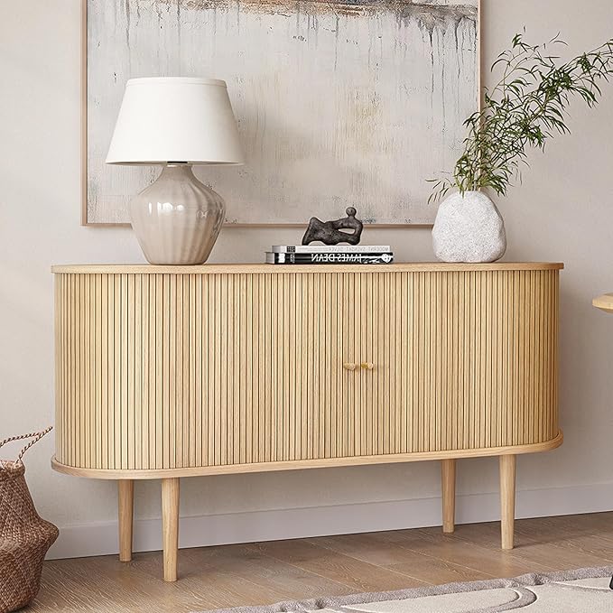WERMO 55'' Sideboard Storage Cabinet with Doors and Shelves - Wood Credenza for Living Room, Bedroom, Entryway and Home Office Cabinet. Kitchen Buffet, Modern Media Console Table with Storage (Oak)