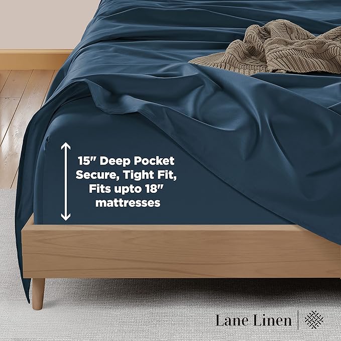 LANE LINEN California King Sheets Sets - 4 PCs. 600 Thread Count Cal King Sheet Set - 100% Cotton Sheets Cal King - Ultra Soft, Sateen Weave California King Bed Sheets Set - Denim