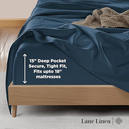 LANE LINEN Queen Bed Sheets - Pemium 600 Thread Count Long Staple 100% Cotton Sheets Queen Size Bed Set, Hotel Luxury Sateen Finish, 15" Deep Pocket Fitted Sheet, Cool & Durable - Denim