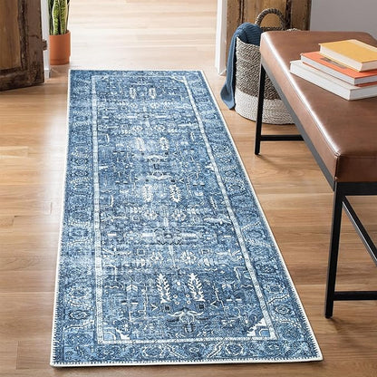 Bloom Rugs Washable Non-Slip 10 ft Runner - Blue Traditional Runner for Entryway, Hallway, Bathroom, and Kitchen - Exact Size: 2.5' x 10'