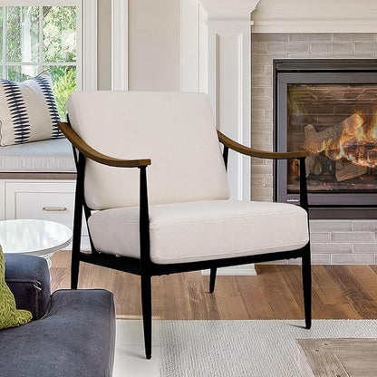Modern Accent Chair for Living Room Bedroom Mid Century Arm Chair Upholstered Office Accent Chair Comfy Waiting Room Chair with Metal Frame, Cream White