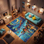 Machine Washable 3' x 5' Seaside Villages and Churches Area Rug, Bule Floor mat, Suitable for bedrooms, Girls' Room Bedside, Living Room, Dining Room, Office, Non-Slip Low-Pile Night Sky Carpet