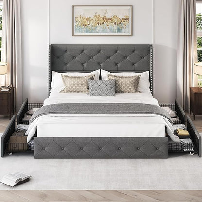 LARMACE Full Size Bed Frame with 4 Storage Drawers and Wingback Headboard Linen Upholstered Platform Bed Frame Tufted Beds with Wooden Slats Support, Easy Assembly, Light Grey