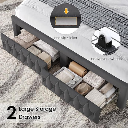Keyluv King Bed Frame with LED Lights and 2 Storage Drawers, Velvet Upholstered Platform with 47" Tall Arc-Shaped Wingback Headboard and Button Tufted Design, No Box Spring Needed, Noise-Free, Gray