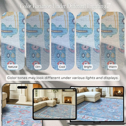Fame Rugs Blue Modern Oushak Rug 2'6"x10, Vintage Turkish Colorful Oriental Antique Inspired Foldable Long Washable Runner Rugs, Luxury Living Room Bedroom (381LB, 2'6" x 10')