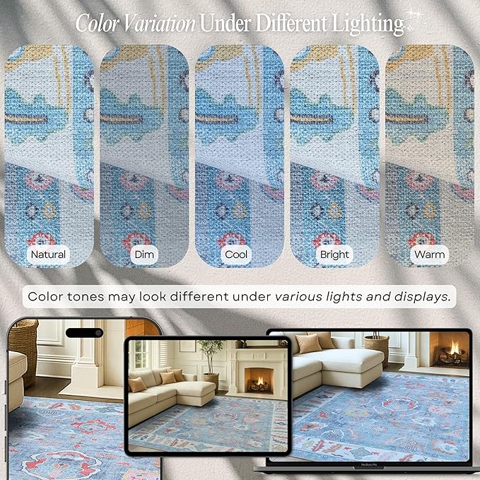 Fame Rugs Blue Modern Oushak Rug 6x9, Vintage Turkish Colorful Oriental Antique Inspired Washable Large Area Rugs, Luxury Living Room Bedroom (381LB, 6' x 9')