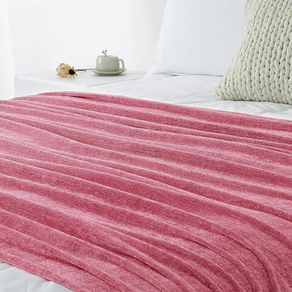 Chenille Throw Blanket for Couch 60"X 80" Twin, Soft Cozy Throws with Fringe Tassel for Bed Sofa Chair Cover, Lightweight Knitted Decorative Boho Blankets for Living Room, Rose Pink