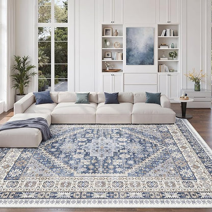 zesthome 9x12 Area Rugs,Stain Resistant Washable Rug,Ultra-Thin Rugs for Living Room,Bedroom,Non-Slip Backing Home Decor Large Area Rug (Blue/Beige,9'x12')