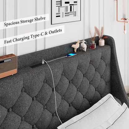iPormis Full Size Bed Frame with 4 Storage Drawers, Upholstered Platform Bed Frame with Type-C & USB Ports, Wingback Storage Headboard, Solid Wood Slats, No Box Spring Needed, Dark Gray