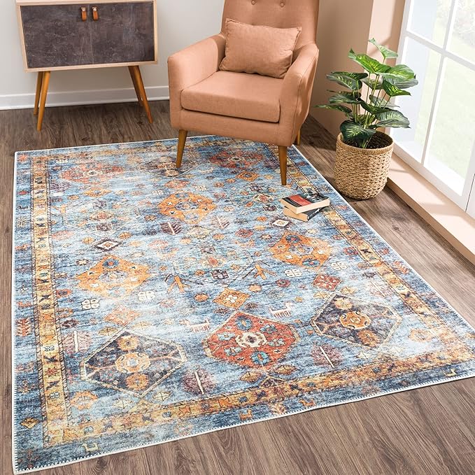 Bloom Rugs Washable Non-Slip 8' x 10' Rug - Blue/Orange Traditional Bordered Area Rug for Living Room, Bedroom, Dining Room, and Kitchen - Exact Size: 8' x 10'