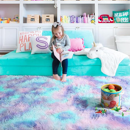PAGISOFE Cute Kawaii Purple Rainbow Rug for Girls Bedroom, 5x8 Washable Area Rug, Soft Fluffy Shag Rug for Girls Room Baby Kids Playroom Nursery Classroom Plush Furry Mermaid Rug, Fuzzy Pastel Carpet