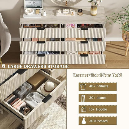 Lulive Wood Dresser for Bedroom with 6 Drawers, 53.2" Long Fluted Modern Chest of Drawers Storage Organizer, Dressers TV Stand for Living Room, Closet, Hallway (White Oak)