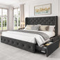 LARMACE Upholstered Queen Size Bed Frame with 4 Storage Drawers and Wingback Headboard Tufted Platform Bed Frame Linen Beds with Wooden Slats Support, Easy Assembly, Dark Grey