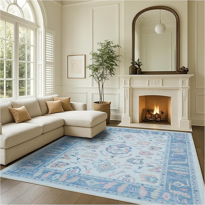 Fame Rugs Blue Modern Oushak Rug 2x3, Vintage Doormat Turkish Colorful Oriental Antique Inspired Washable Small Area Rug, Luxury Living Room Bedroom (995BB, 2' x 3')