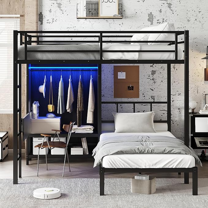 Full XL Over Twin Metal Bunk Bed with Folding Desk, Closet with LED,Space-Saving/Noise Reduced, Black