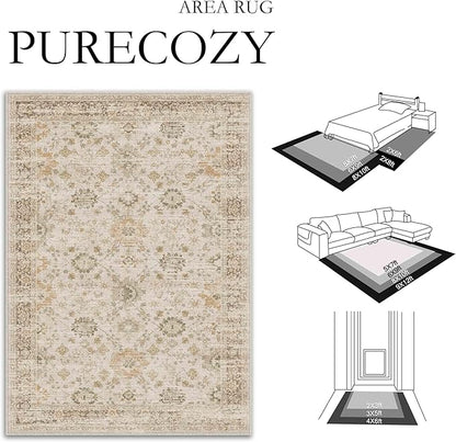 Beige 5x7 Area Rug Non Slip Vintage Living Room Distressed Machine Washable Carpet Retro Indoor Bedroom Floral Traditional Accent Throw Rug for Office Kitchen Dorm Dining Room