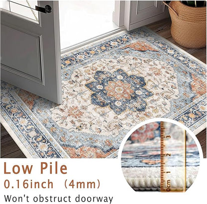 vivorug 9x12 Area Rugs for Living Room, Non Slip Machine Washable Vintage Rug, Ultra-Thin Lightweight Large Area Rug for Bedroom, Dining Room, Low Pile Rug Orange/Navy