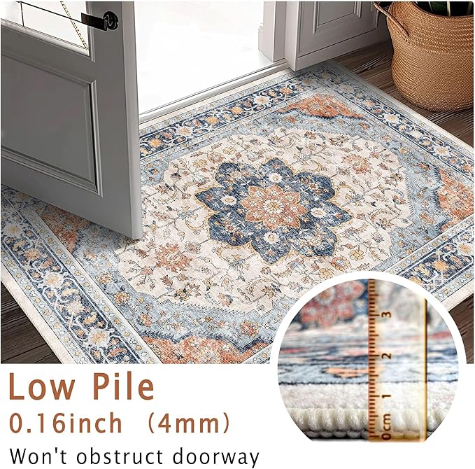vivorug Runner Rug 2'x8' Washable Non-Slip Boho Runners for Hallways Kitchen Entryway Laundry Room Carpet Hallway Runner Orange/Navy