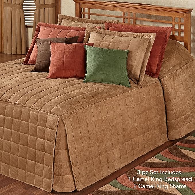 Touch of Class Camden Luxury Bedding | Neutral Camel Color | Grande Fitted Bedspread | Faux Suede Box Quilted Design | Designed 3 Piece Set Includes King Bedspread and 2 King Shams