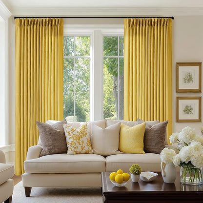 Pleated Linen Curtains 96 Inches Long for Living Room 2 Panel Set Semi Sheer Light Filtering Pinch Pleat with Rings Hooks Drapes Spring Farmhouse Rustic Mustard Yellow Gold Curtain Bedroom Window