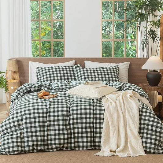 MooMee Gingham Duvet Cover Set 100% Washed Cotton Linen Like Textured Breathable Durable Soft Comfy Modern Checkered Design (Buffalo Plaid Forest Green, Full 80"x90")