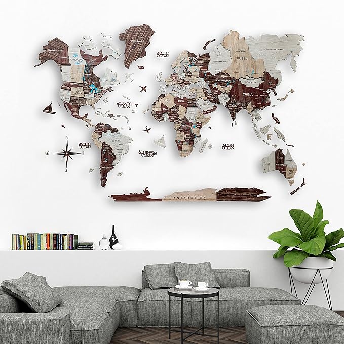Handmade 3D Wood World Map Wall Art Large Wall Decor Track Your World Travels - Special for Home, Kitchen and Office (Large, Cappuccino)
