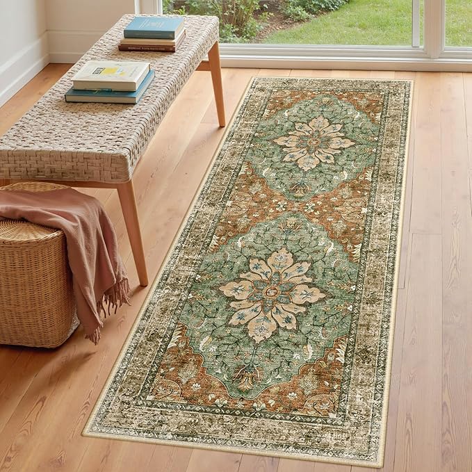 Area Rugs 3'x6' Washable Non-Slip, Floral Vintage Distress Print Pattern Medallion Carpet for Living Room Bedroom Dining Room, Brick Red Rust Neutral Brown Burnt Orange Green