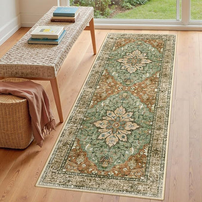 Area Rugs 3'x8' Washable Non-Slip, Floral Vintage Distress Print Pattern Medallion Carpet for Living Room Bedroom Dining Room, Brick Red Rust Neutral Brown Burnt Orange Green