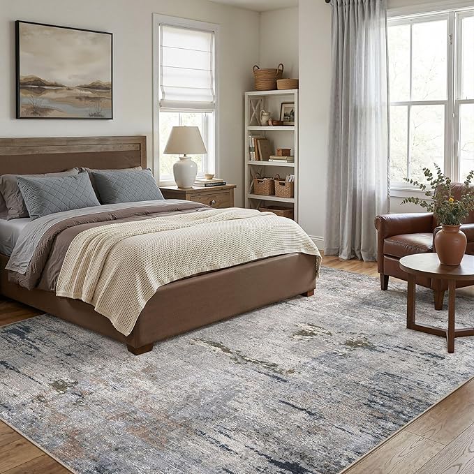 Area Rug Living Room Rugs - 6x9 Washable Large Soft Indoor Neutral Modern Abstract Low Pile Rug Carpet for Bedroom Dining Room Farmhouse Home Office - Blue/Grey/Brown