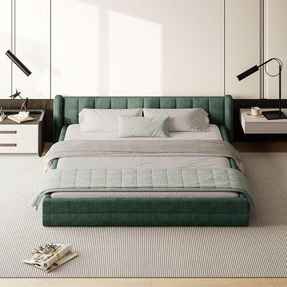 DEINPPA King Size Bed Frame with Cloud Soft Headboard, Chenille Upholstered Grounded Wood Base Bed Frame, No Box Spring Needed-Blue+Green